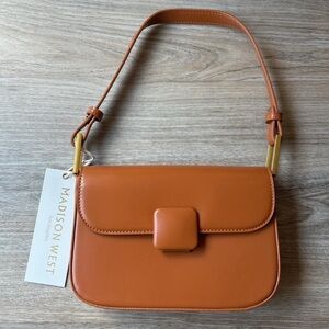 Madison West Tan Leather Shoulder Bag with Flap Closure